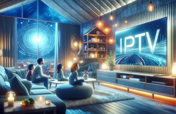 DALL·E 2024-04-01 01.02.45 - Illustrate the concept of IPTV in a modern living room setting, showing a family watching television together. The TV screen displays a clear, high-de
