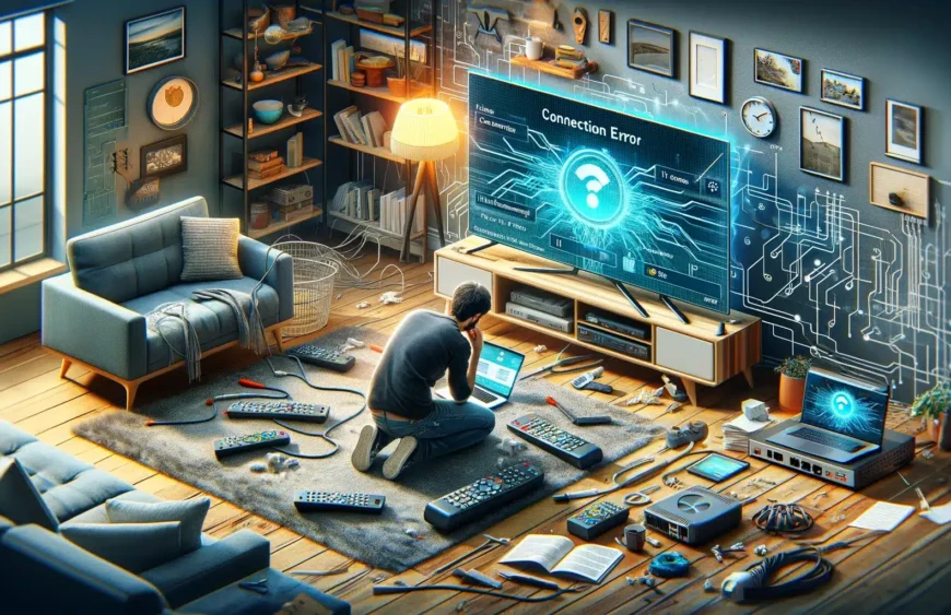 DALL·E 2024-04-02 21.56.33 - Imagine a scenario where a person is sitting in a living room, visibly troubleshooting an IPTV connection issue on their flat-screen TV. The TV screen