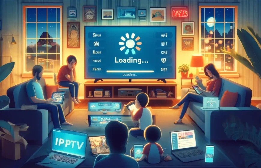 DALL·E 2024-04-02 22.47.33 - Visualize a comfortable living room where a family is collectively solving IPTV service issues for an enhanced viewing experience. The TV screen displ