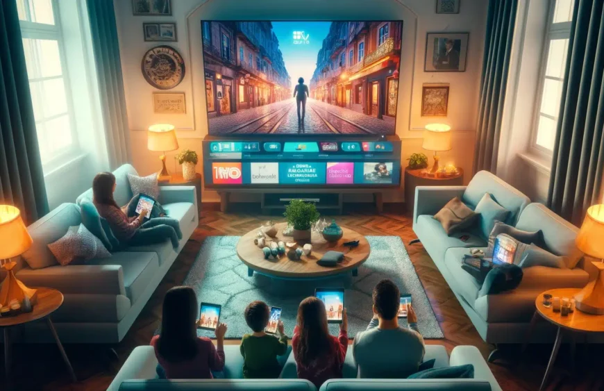 DALL·E 2024-04-02 22.52.08 - Visualize a cozy living room setting in Portugal, where a family is enjoying a diverse range of television content through IPTV. The room is modern an